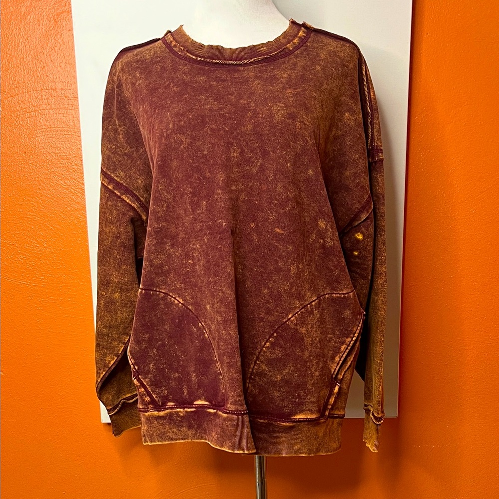 Zenana Outfitters Rust Acid-Wash Sweatshirt
